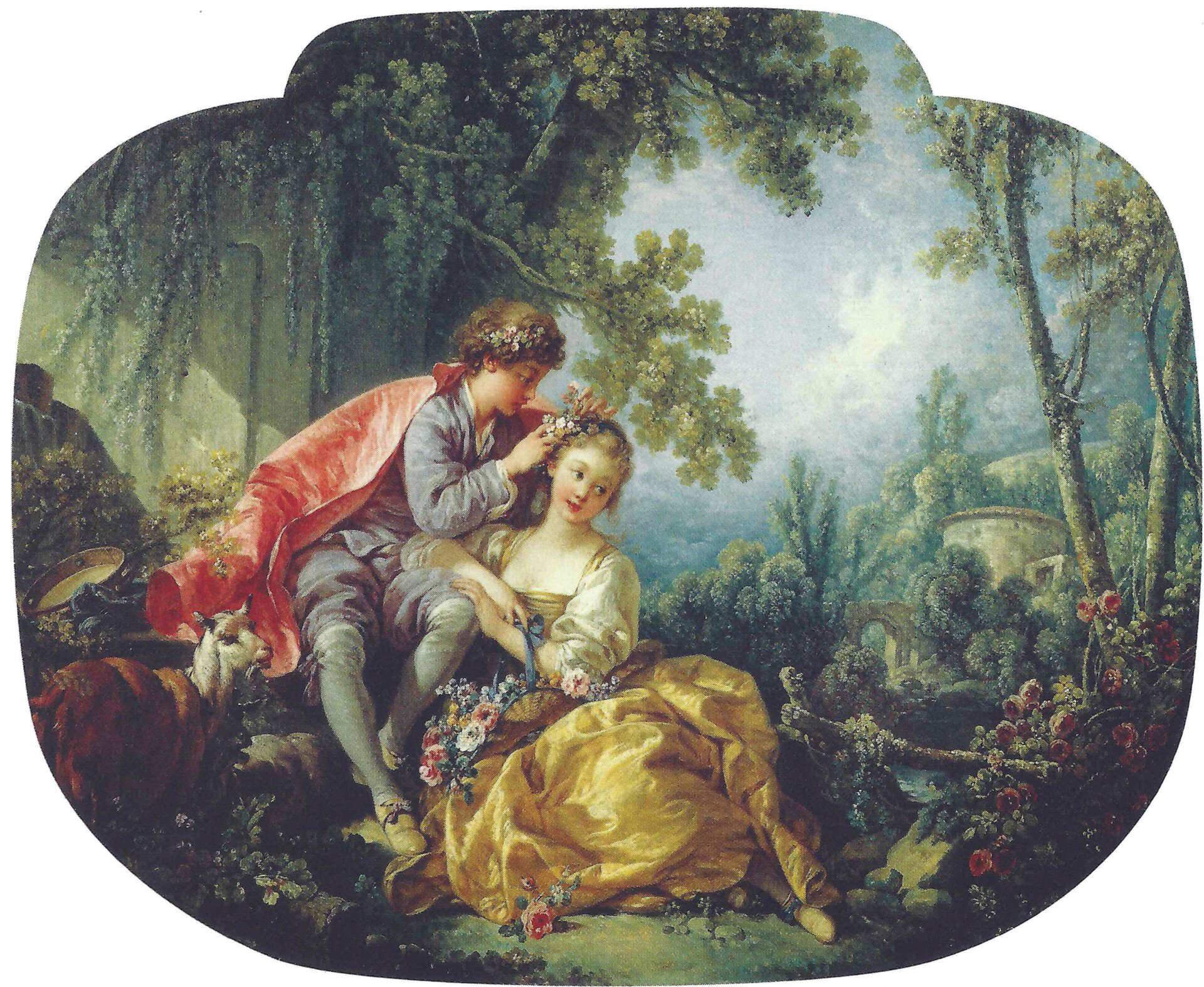 Obraz przedstawia dziewczynę i chłopaka, siedzą w otoczeniu drzew i krzewów. Chłopiec wplata we włosy dziewczyny kwiaty. Sam rownież ma kwiaty we włosach. Obok młodych koza.  