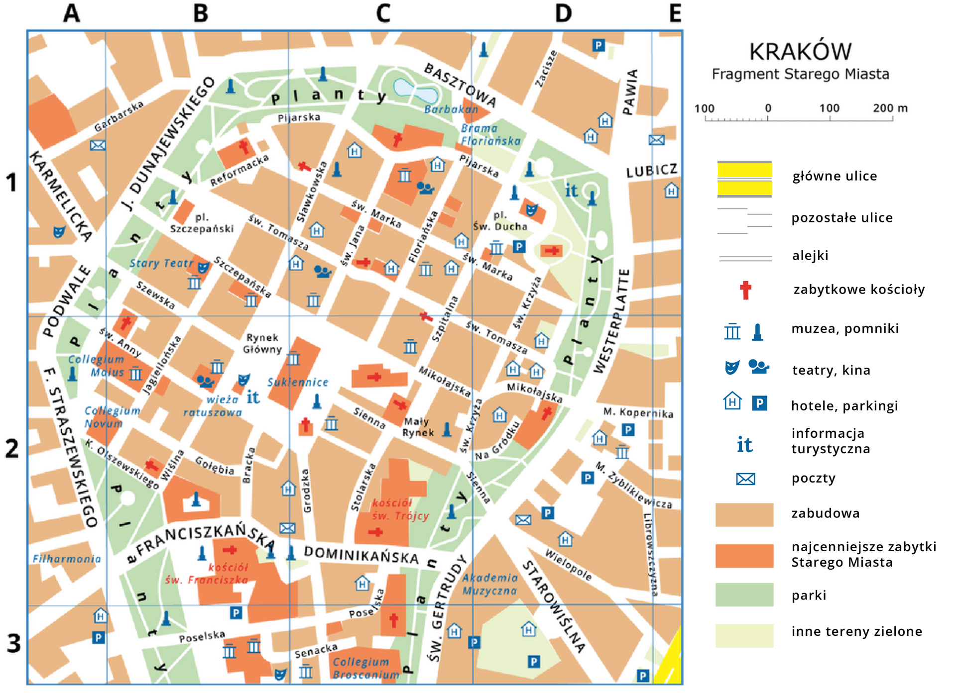 Plan Krakowa. W centralnej części Stare Miasto przypominające kształtem kulę zwężoną ku dołu. Dominują tam budynki oznaczone kolorem czerwonym. Wokół starego miasta ulice i zabudowa miasta. U dołu Wisła.