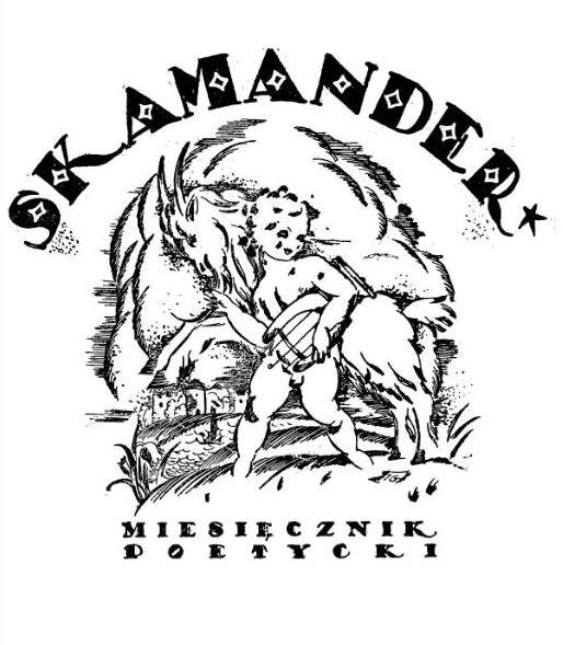Ilustracja przedstawia nagie dziecko z lutnią, za którym stoi kozioł. Na górze jest napis: Skamander. Na dole: Miesięcznik poetycki.