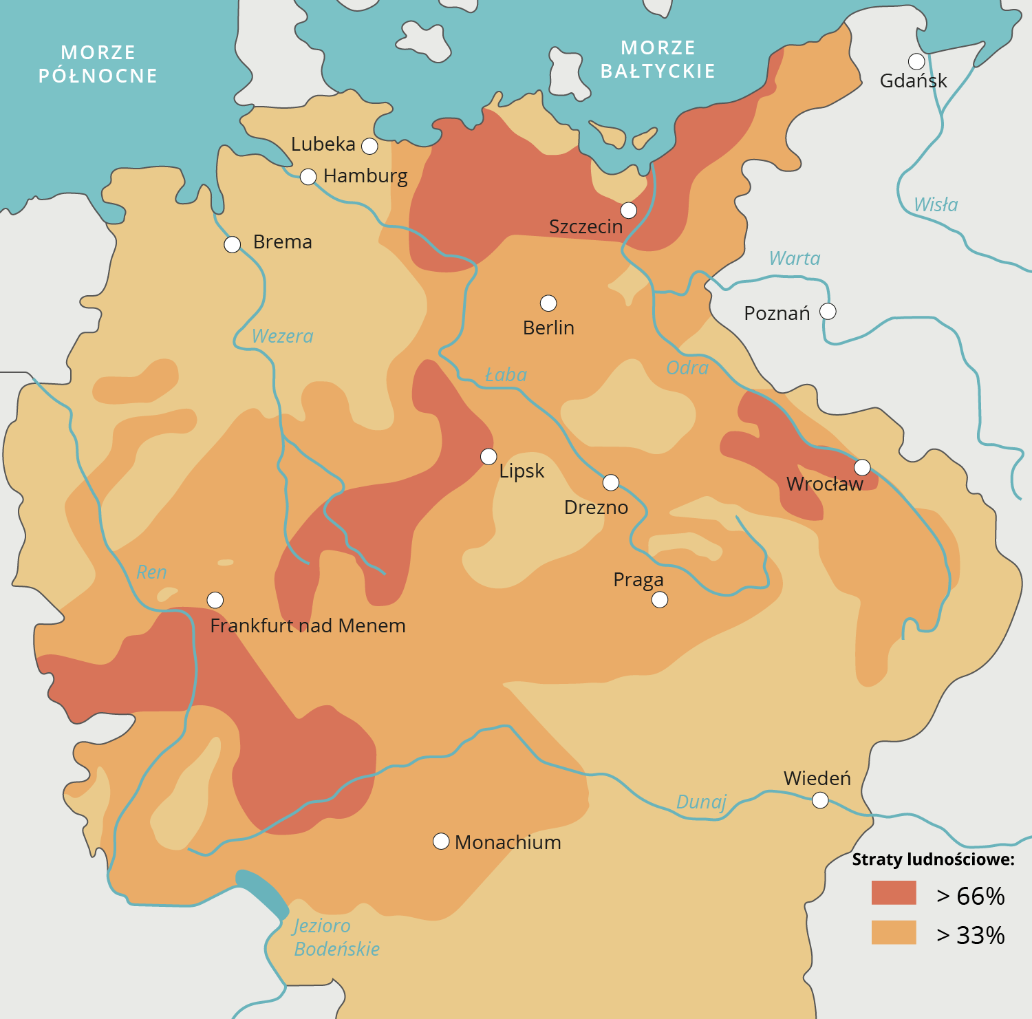 Mapa przedstawia straty ludnościowe Rzeszy Niemieckiej w wyniku wojny trzydziestoletniej. Największej, powyżej 66%, występują na terenach północno‑zachodnich w okolicach Szczecina oraz Wrocławia, a także na terenach zachodnich i środkowych w okolicach Frankfurtu nad Menem oraz Lipska. Straty powyżej 33% dotyczą większego obszaru w zachodniej, środkowej, wschodniej i północnej części w okolicach miejscowości Monachium, Praga, Drezno i Berlin.