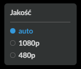 Rysunek przedstawia ikonę zmiany jakości filmu . Ma postać czarnego prostokąta. Wewnątrz prostokąta tekst: „Jakość”, a poniżej „auto”, tysiąc osiemdziesiąt pikseli oraz czterysta osiemdziesiąt pikseli. Obok tych elementów są okrągłe pola do zaznaczenia opcji. Zaznaczona jest opcja auto, która ma kolor niebieski. 