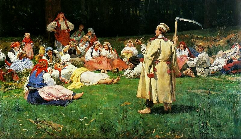 Obraz przedstawia grupę żniwiarzy odpoczywających na łące. Kobiety i mężczyźni ubrani są w krakowskie stroje ludowe. W centralnej części obrazu znajduje się odwrócony plecami do widza mężczyzna. Jest to bosonogi kosiarz z kosą. Patrzy w kierunku leżących na trawie kobiet. Nieopodal znajduje się siedzący w kucki muzykant grający na smyczkach. 