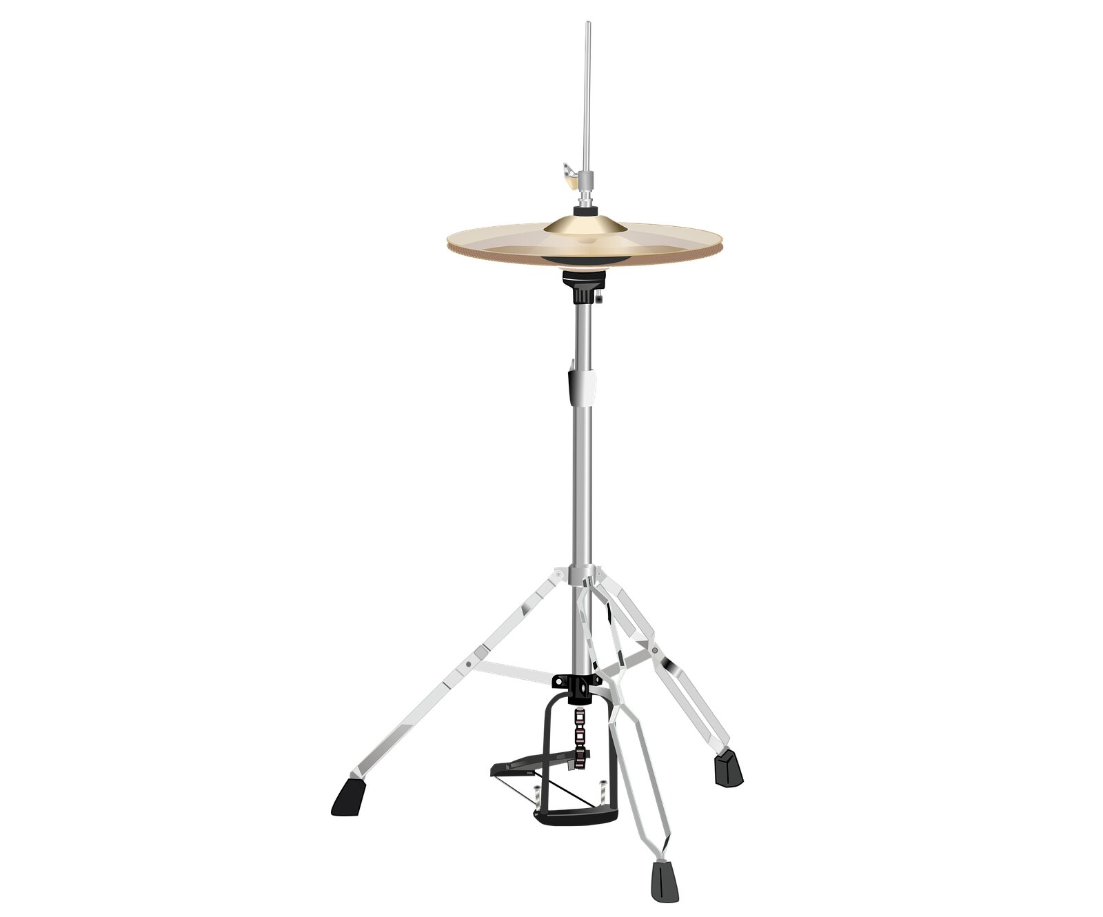 Zdjęcie przedstawia hi‑hat. Widoczna jest połowa dwóch okrągłych talerzy perkusyjnych, ustawionych w pozycji poziomej, przeciwstawnie do siebie. Górny talerz, w kolorze złotym, ma lekko wypukły, okrągły element w górnej części, na którym umieszczone jest srebrzysto‑złote pokrętło motylkowe na cylindrycznym gwincie. Dolny talerz, w kolorze złotym, ma lekko wypukły, okrągły element w dolnej części, poniżej którego znajduje się widoczny w trzech czwartych pierścień w kolorze mosiądzu, usadowiony na czarnej pionowej rurce.