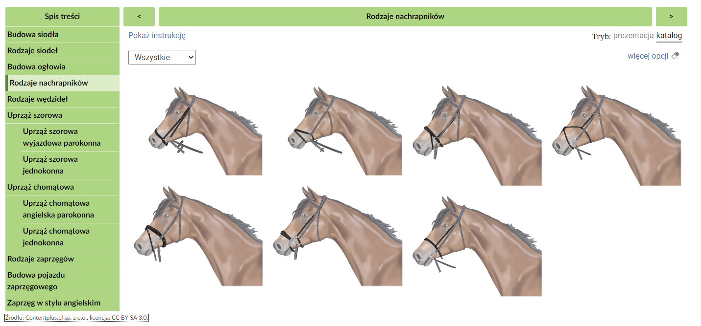 Grafika przedstawia przykładowy widok ekranu atlasu. Po lewej stronie znajduje się interaktywne menu, a w części środkowej grafikę - głowy koni w różnych nachrapnikach. 