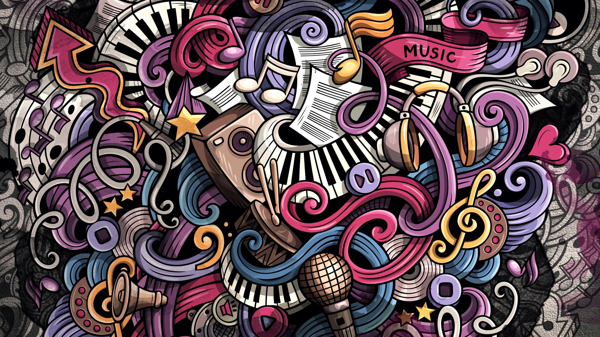 Ilustracja przedstawia kolorową grafikę z różnymi symbolami i instrumentami muzycznymi. Całe tło wypełnione jest tymi elementami. Przeważające kolory to biały, fioletowy, różowy i szary. Możemy rozpoznać między innymi klawiaturę pianina lub fortepianu, nuty, słuchawki, mikrofon, bębny, a także inne symbole takie jak serca czy gwiazdy.