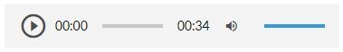 Grafika przedstawia pasek odtwarzacza. Po lewej stronie z znajduje się przycisk “play” jest to trójkąt wpisany w okrąg. Obok znajduje się pasek odtwarzacza, a dalej czas nagrania: trzydzieści cztery sekundy i grafika głośnika.