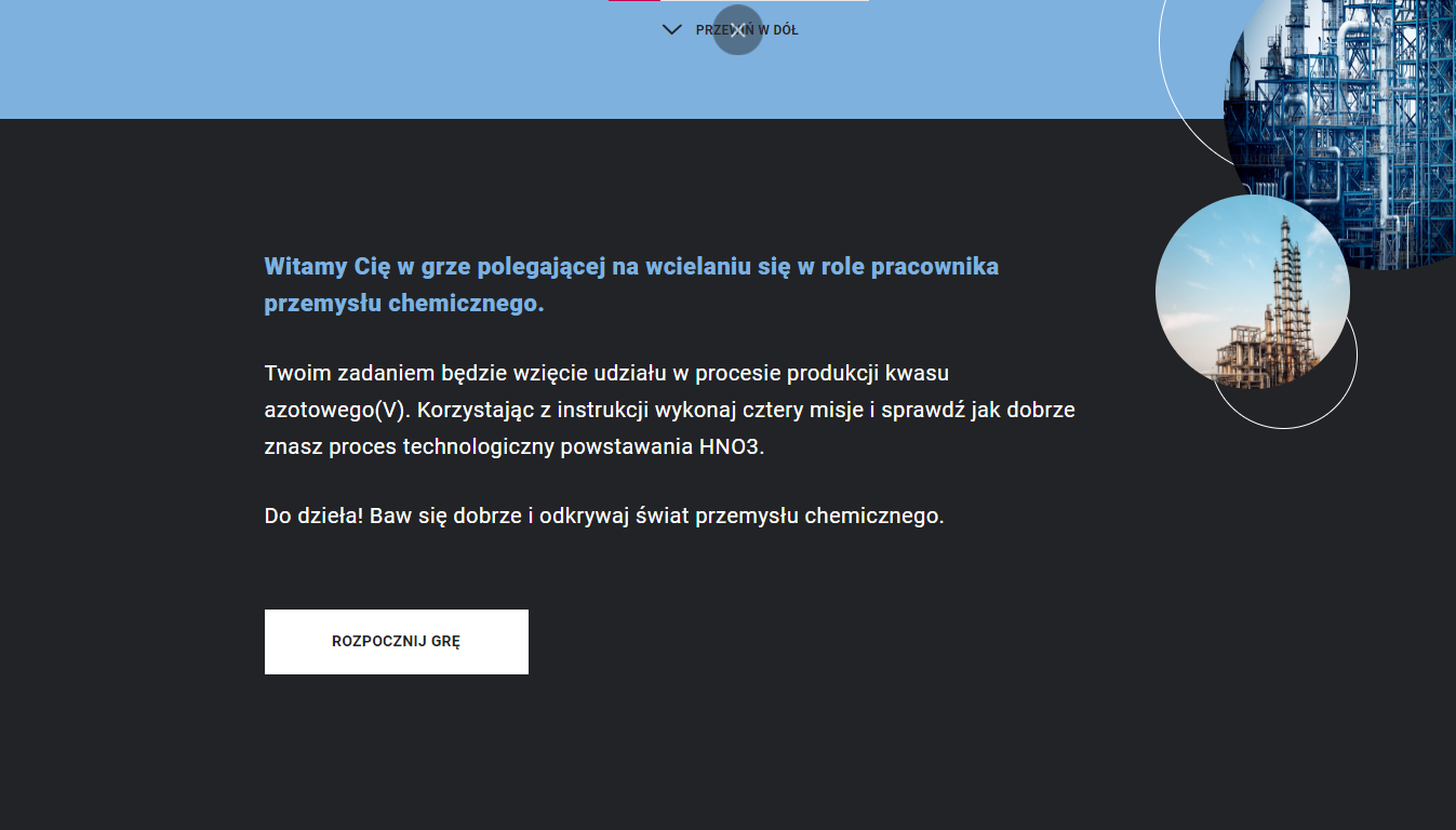 Ilustracja przedstawia ekran powitalny gry. Przedstawiono na niej zasady gry. Obok widoczna grafika zakładu przemysłowego i przycisk: Rozpocznij grę.