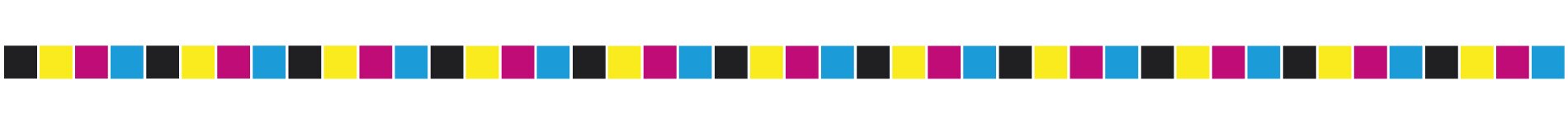 Grafika przedstawia barwny pasek kontrolny. Widoczny jest pasek podzielony na kwadraciki w powtarzających się sekwencjach kolorów CMYK, czyli czarny, żółty magenta, cyjan.