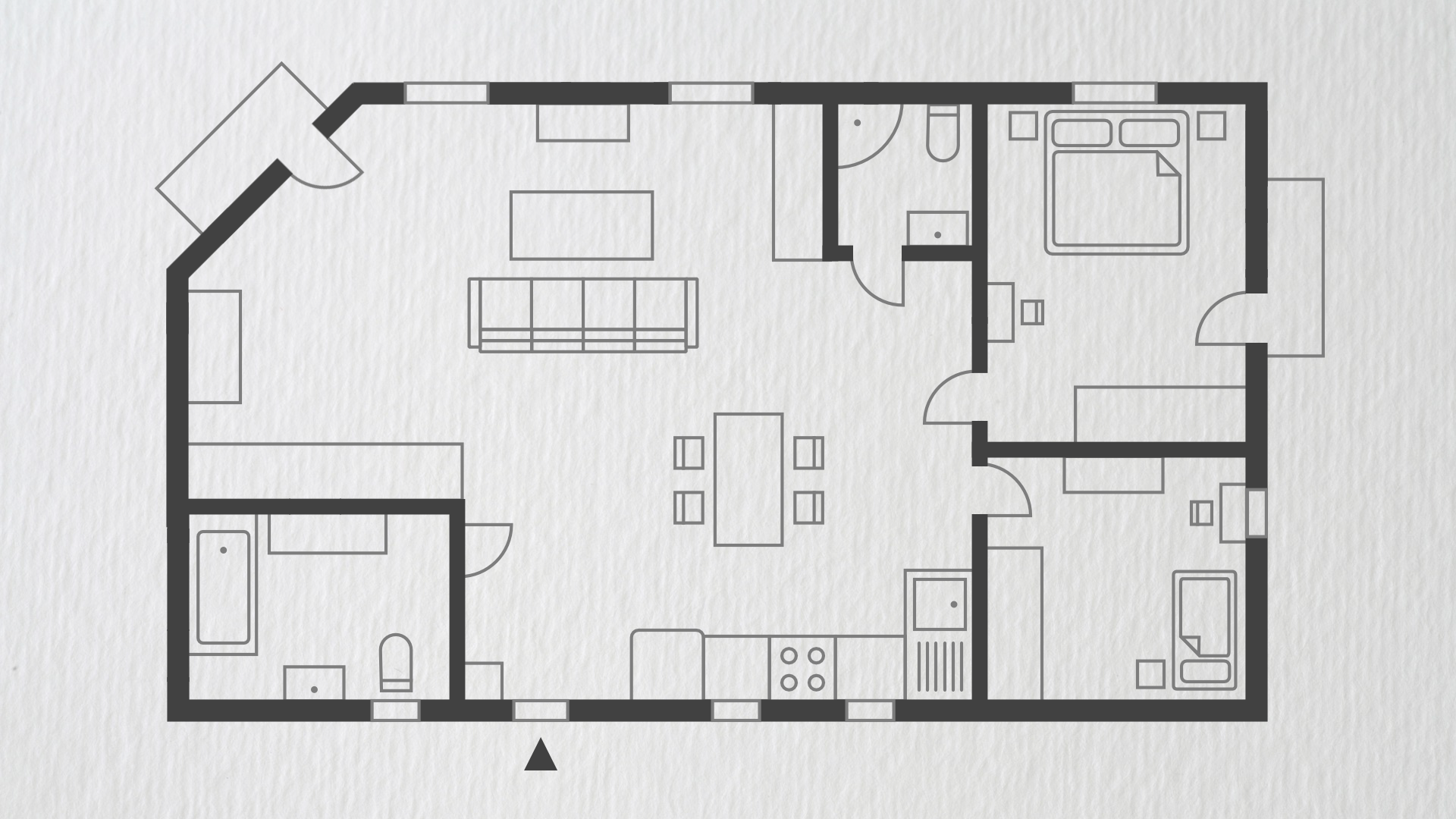 Grafika przedstawia plan mieszkania. Mieszkanie jest 3‑pokojowe, ma salon z aneksem kuchennym i dwie sypialnie (jedną z łóżkiem małżeńskim). W mieszkaniu znajduje się łazienka z oknem, 2 małe balkony (wyjście z 1 sypialni i z salonu).
