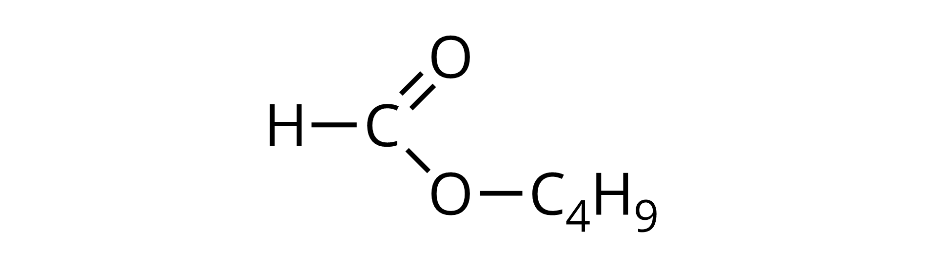 Na ilustracji jest wzór. Opis od lewej strony: atom wodoru połączony jest wiązaniem pojedynczym z atomem węgla ce, który łączy się z dwoma atomami tlenu: z jednym wiązaniem podwójnym, z drugim atomem wiązaniem pojedynczym. Drugi atom tlenu łączy się wiązaniem pojedynczym z grupą C indeks dolny 4 H indeks dolny 9.   