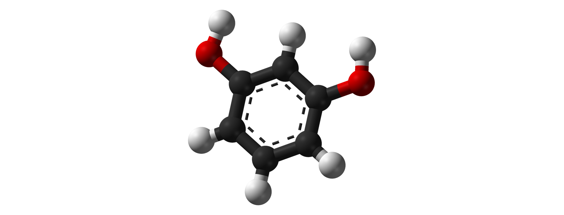 Na ilustracji jest model cząsteczki 1,3-dihydroksybenzenu: sześcioczłonowy pierścień zbudowany jest z czarnych kulek. Cztery kulki z pierścienia - na górze, na dole, na dole po lewej i prawej stronie łącza się z białą kulką - każda z nich. Dwie czarne kulki zlokalizowane u góry pierścienia po lewej i prawej stronie łączą się z czerwoną kulką, która z kolei łączy się z białą kulką.     