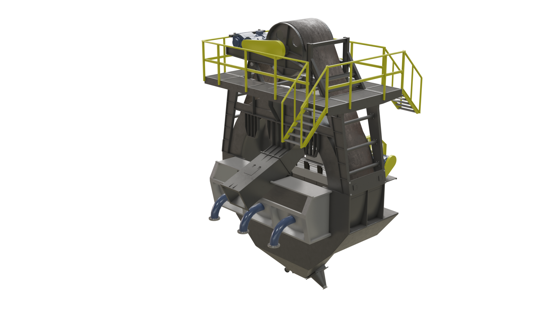 Model przedstawia wzbogacalnik zawiesinowy typu DISA. Urządzenie ma kształt walca z usytuowanymi pionowo podstawami i niedużą wysokością ściany bocznej. Wzbogacalnik zawiesinowy typu DISA zbudowany jest ze skrzyni roboczej, czyli zbiornika, do którego doprowadzane są nadawa oraz ciecz zawiesinowa. W skrzyni roboczej dochodzi do rozdziału na dwa produkty. Zamontowane są w niej wszystkie pozostałe elementy składowe wzbogacalnika. Od spodu skrzyni przyłączone są dwa rurociągi doprowadzające ciecz ciężką. Kolejnym elementem jest zsuwnia oraz zamontowany tuż pod nią rurociąg. Umożliwiają doprowadzenie do górnej części skrzyni roboczej, odpowiednio nadawy oraz poziomym strumieniem - cieczy ciężkiej. Zsuwnia oraz rurociąg znajdują się po stronie jednej walca przy jednej z podstaw, którego kształt przypomina całe urządzenie. Przelew to część wzbogacalnika, którą odprowadzany jest koncentrat, czyli frakcja pływająca. Znajduje się po przeciwnej stronie wzbogacalnika względem zsuwni, to znaczy przy drugiej podstawie walca, którego kształtem przypomina urządzenie Tuż nad lustrem cieczy przed przelewem zamontowany jest obrotowy wygarniacz łopatkowy. Przyspiesza on wyodrębnianie koncentratu, zgarniając go z lustra cieczy za próg przelewowy koryta roboczego. To jest wyprowadza frakcję pływającą poza wzbogacalnik celem jej dalszej obróbki. Wygarniacz stanowi usytuowany poziomo, równolegle do linii przelewu trzon obracający się w trakcie pracy urządzenia wokół własnej osi. Wokół niego rozmieszczone są promieniście dookoła wspomnianej osi, na całej długości trzonu płaskie, prostokątne elementy, czyli łopatki. W środku skrzyni znajduje się koryto robocze. Jest to część wzbogacalnika, w której ma miejsce właściwy podział. To znaczy frakcja pływająca niesiona strumieniem cieczy kierowana jest do przelewu, zaś frakcja tonąca opada na dno, osiadając na kole łopatkowym. Koryto robocze oddzielone jest od skrzyni ściankami, których dolne krawędzie znajdują się tuż nad kołem łopatkowym. Wspomniane koło łopatkowe to kolejny element wzbogacalnika, pozwala na wyprowadzenie frakcji tonącej z koryta roboczego. Koło zamontowane jest wzdłuż ściany walca, do którego zbliżony jest kształtem wzbogacalnik. Jest ono zawieszone na taśmie napędowej i zamontowane we wnętrzu skrzyni roboczej oraz wyposażone w łopatki (przegrody) wyprowadzające frakcję tonącą. Łopatki te stanowią ruszty ze szczelinami, które umożliwiają swobodny przepływ cieczy podczas obrotu koła łopatkowego. Jednak one zatrzymują frakcję tonącą. Łopatki zamontowane są wzdłuż obwodu koła pod pewnym kątem tak, by możliwe było wyniesienie oddzielonego materiału do górnej części wzbogacalnika. Frakcja tonąca, zgarniana za pomocą łopatek, wynoszona jest na pewną wysokość i po przekroczeniu kąta zsypu zsuwa się do zsuwni odbiorczej. Zsuwnia odbiorcza to wydzielona część wzbogacalnika. Znajduje się w górnej części urządzenia, jednak nieco poniżej wysokości, na której zostaje przekroczony kąt zsypu. Jest ona oddzielona od koryta roboczego ściankami. Wyprowadza frakcję tonącą poza wzbogacalnik. Na samej górze wzbogacalnika, znajduje się platforma, z której możliwy jest dostęp do zamontowanego na jej wysokości silnika napędowego, na którym zaciągnięta jest taśma wprowadzająca w ruch koło łopatkowe.