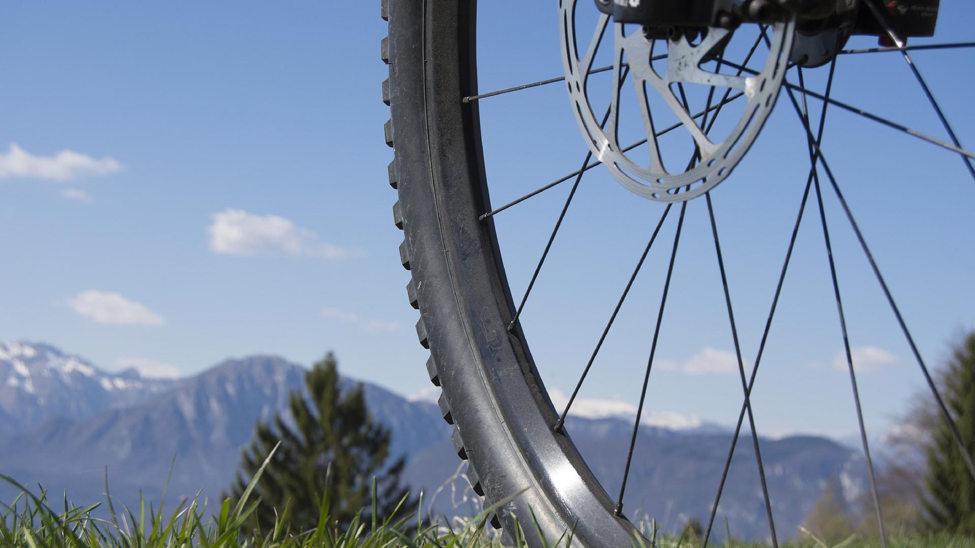Zdjęcie przedstawia zbliżenie na koło rowerowe ze szprychami. W tle widoczne są góry.