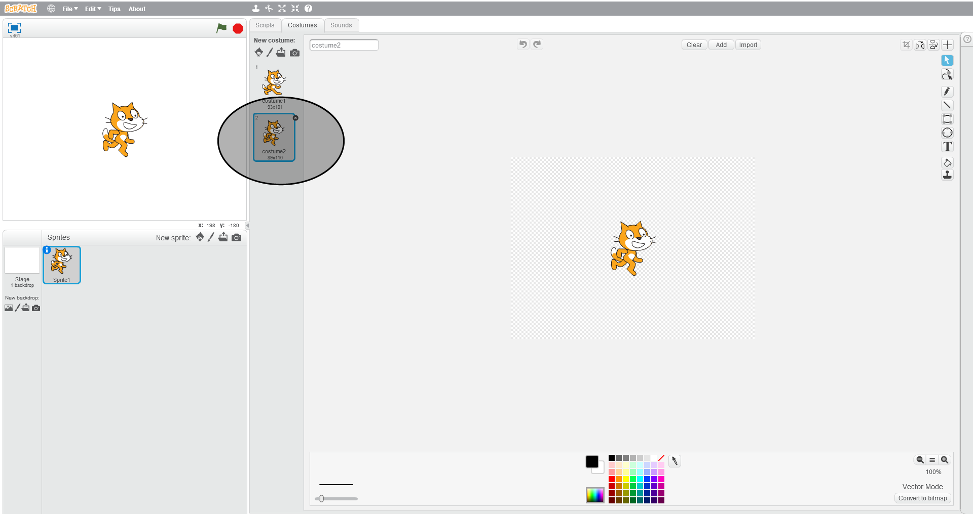 Na ilustracji przedstawiony jest zrzut ekranu, na którym widoczne są wszystkie okna programu Scratch. Na górze pasek menu z logo, ikoną umożliwiającą zmianę języka, File, Edit, Tips, About. Po środku paska ikony narzędzi: stempel, nożyce, pomniejszenie, powiększenie, pomoc. Poniżej po lewej okno podglądu. W nim na środku widoczny jest duszek (kotek). Na górze okna po lewej ikona sceny, po prawej stronie ikona flaga oznaczająca play, ikona ośmiokąt oznaczająca stop. Na dole okna po prawej znaczniki położenia duszka na scenie x i y. Pod oknem podglądu znajduje się okno z ustawieniami. Po lewej stronie białe tło Stage 1 backdrop. Poniżej New backdrop. Poniżej ikony nowe tło, edycja tła, pobranie tła z zewnętrznego pliku, podgląd tła. Na środku okna ustawień od góry napis Sprits, po prawej napis New sprite oraz ikony nowy duszek, edycja, pobranie z zewnętrznego pliku, podgląd. Poniżej wyróżniony obrazek duszka opisany Sprite1. Po prawej okno edycji zajmujące ponad połowę ekranu. Po lewej stronie okna edycji znajdują się zakładki Scripts, Costumes, Sounds. Widoczne są elementy z zakładki Costumes. Poniżej New costume. Poniżej ikony nowy duszek, edycja duszka, pobranie obrazka z zewnętrznego pliku, podgląd obrazka. Poniżej dwa duszki. Drugi duszek wyróżnione. Po prawej widoczna jest scena z duszkiem na środku, na około której znajdują się elementy do edycji. Na górze nazwa duszka, przyciski do cofania i powtarzania, czyszczenia, dodania i importu obrazków oraz do przycięcia i odbicia. Po prawej stronie pasek narzędzi do rysowania, pisania, usuwania i kopiowania. Na dole paleta kolorów.