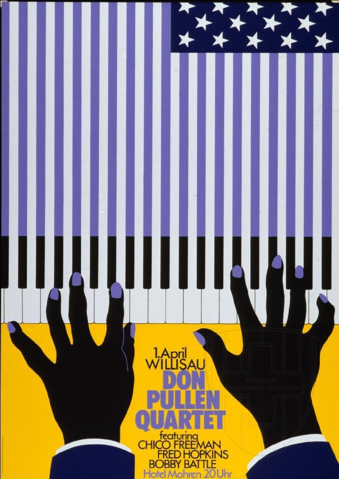 Ilustracja przedstawia plakat promujący koncert jazzowy kwartetu „Don Pullen”, autorstwa Niklausa Troxlera. Górna część grafiki została do połowy pokryta fioletowymi, pionowymi pasami na białym tle, które u dołu, w połowie kompozycji, kończą się czarnymi klawiszami umieszczonymi na białej klawiaturze. U góry w prawym rogu mieści się niebieski prostokąt z białymi gwiazdkami. Fioletowe pasy oraz granatowy prostokąt tworzą motyw amerykańskiej flagi. Na dole kadru, na żółtym tle umieszczone zostały dwie czarne dłonie o fioletowych paznokciach. Ich palce dotykają płaszczyzny klawiatury. Pomiędzy rękoma znajdują się czarne napisy informacyjne z pogrubionym, fioletowym tekstem „DON PULLEN QUARTET”.