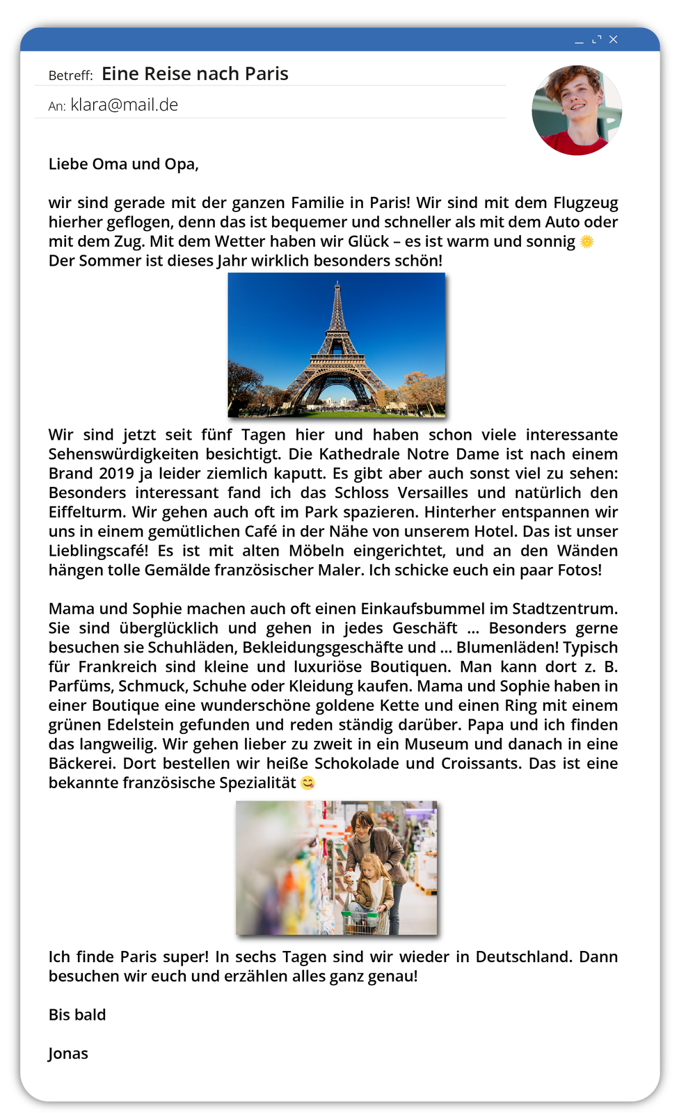 Ilustracja przedstawia e‑mail. Transkrypcja jest dostępna poniżej.