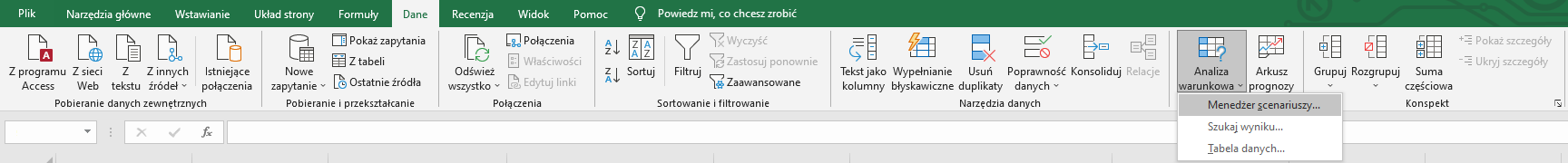 Ilustracja przedstawia wstążkę, wybrano zakładkę Dane. Następnie wybrano ikonę Analiza warunkowa oraz Menedżer scenariuszy.