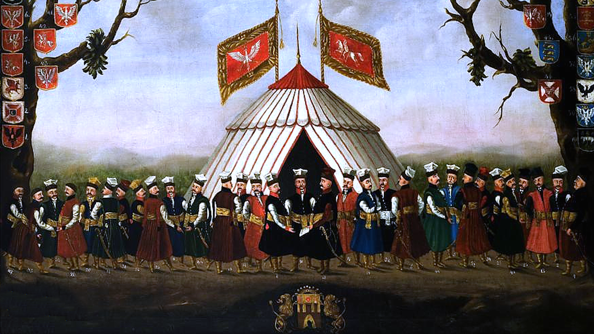 Obraz przedstawia pole, na którym stoi duży, okrągły namiot z dwoma chorągwiami z białym orłem. Przed namiotem stoi w rzędzie szlachta w kontuszach i czapkach na głowie. Po bokach obrazu umieszczone są różne godła.