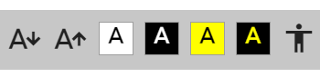 Szary panel z ikonami, od lewej strony: litera A z strzałką w dół, litera A z strzałką w górę, litera A w białym kwadracie, litera A w czarnym kwadracie, czarna litera A w żółtym kwadracie, żółta litera A w czarnym kwadracie oraz czarna ikona człowieka z rozłożonymi rękoma.