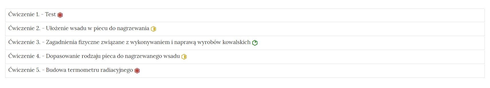 Przykładowy wygląd zakładek zawierających interaktywne materiały sprawdzające w formie rozwijalnej listy.