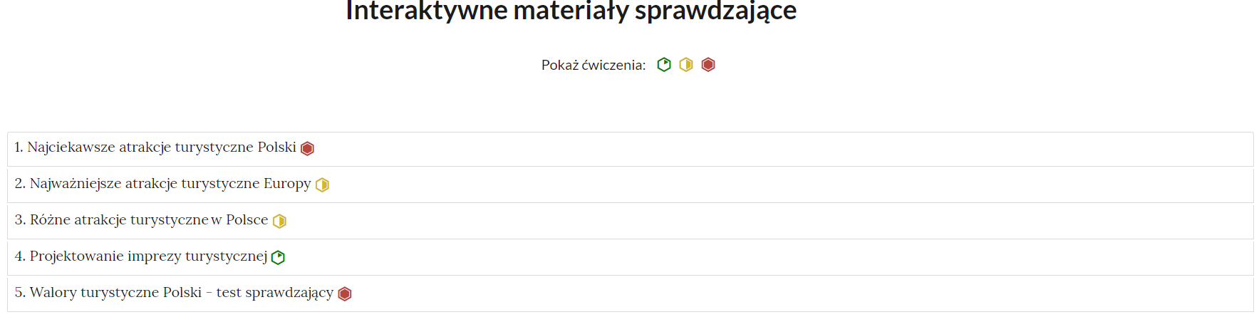 Widok interaktywnych materiałów sprawdzających