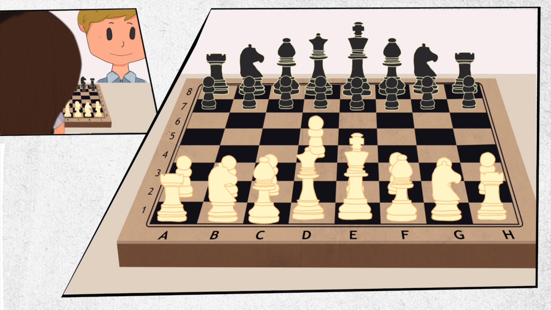 Rysunek przedstawia szachy na szachownicy. Kolumny szachownicy są opisane literami od A do H, a wiersze liczbami od 1 do 8. Na przykład pole A1 znajduje się na przecięciu kolumny oznaczonej literą A i wiersza oznaczonego liczbą 1. Białe wieże stoją na polach A1 i H1, białe konie stoją na polach B1 i G1, białe gońce stoją na polach C1 i F1, biała królowa stoi na polu D1, biały król stoi na polu E1, białe pionki stoją na polach A2, B2, C2, D4, E2, F2, G2 i H2. Czarne wieże stoją na polach A8 i H8, czarne konie stoją na polach B8 i G8, czarne gońce stoją na polach C8 i F8, czarna królowa stoi na polu D8, czarny król stoi na polu E8, czarne pionki stoją na polach A7, B7, C7, D7, E7, F7, G7 i H8. 