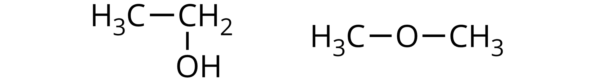 Ilustracja przedstawiająca cząsteczkę etanolu oraz eteru dimetylowego. Etanol zbudowany jest z grupy metylowej CH3 połączonej z grupą CH2, która to łączy się z grupą hydroksylową OH. Cząsteczka eteru dimetylowego zbudowana jest z atomu tlenu, który podstawiony jest dwiema grupami metylowymi CH3.