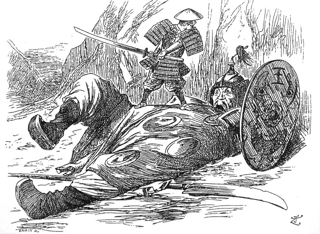 Ilustracja przedstawia ogromnego wojownika, na którym stoi malutki wojownik. Ogromny wojownik leży i jest ranny. Mały wojownik zadaje mu ciosy mieczem.