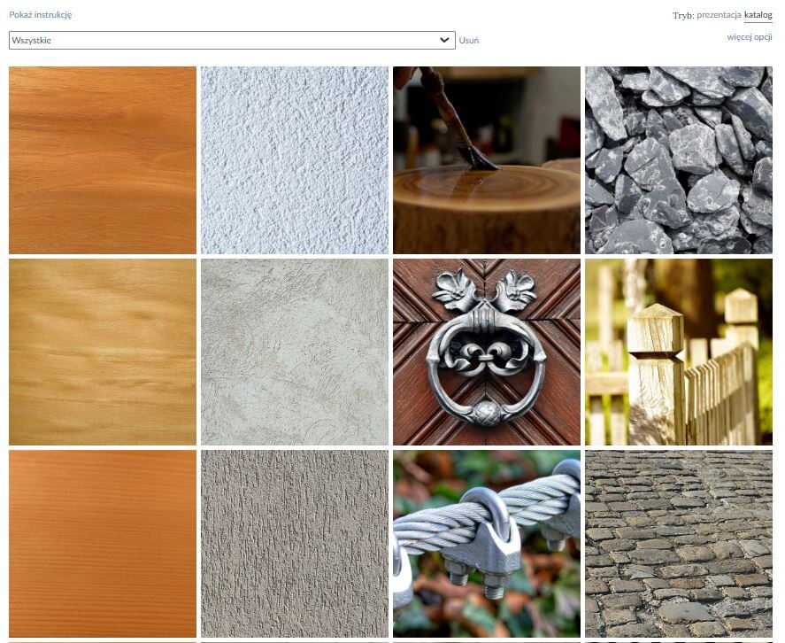 Zdjęcie przedstawia przykładowy widok trybu katalogów w galerii interaktywnej. Znajduje się tu kolaż dwunastu zdjęć różnego rodzaju drewna, gładzi, cementu, ale przedstawiają one również kamienie, drogę brukową, kołatkę, drewniany płot i kamienie. Powyżej zdjęć podlinkowanie "pokaż instrukcję" i rozwijany katalog z różnymi elementami wykorzystywanymi w budowaniu i konserwacji obiektów małej architektury krajobrazu. W prawym, górnym rogu można ustawić tryb na prezentację lub katalog, Poniżej podlinkowanie "więcej opcji".
