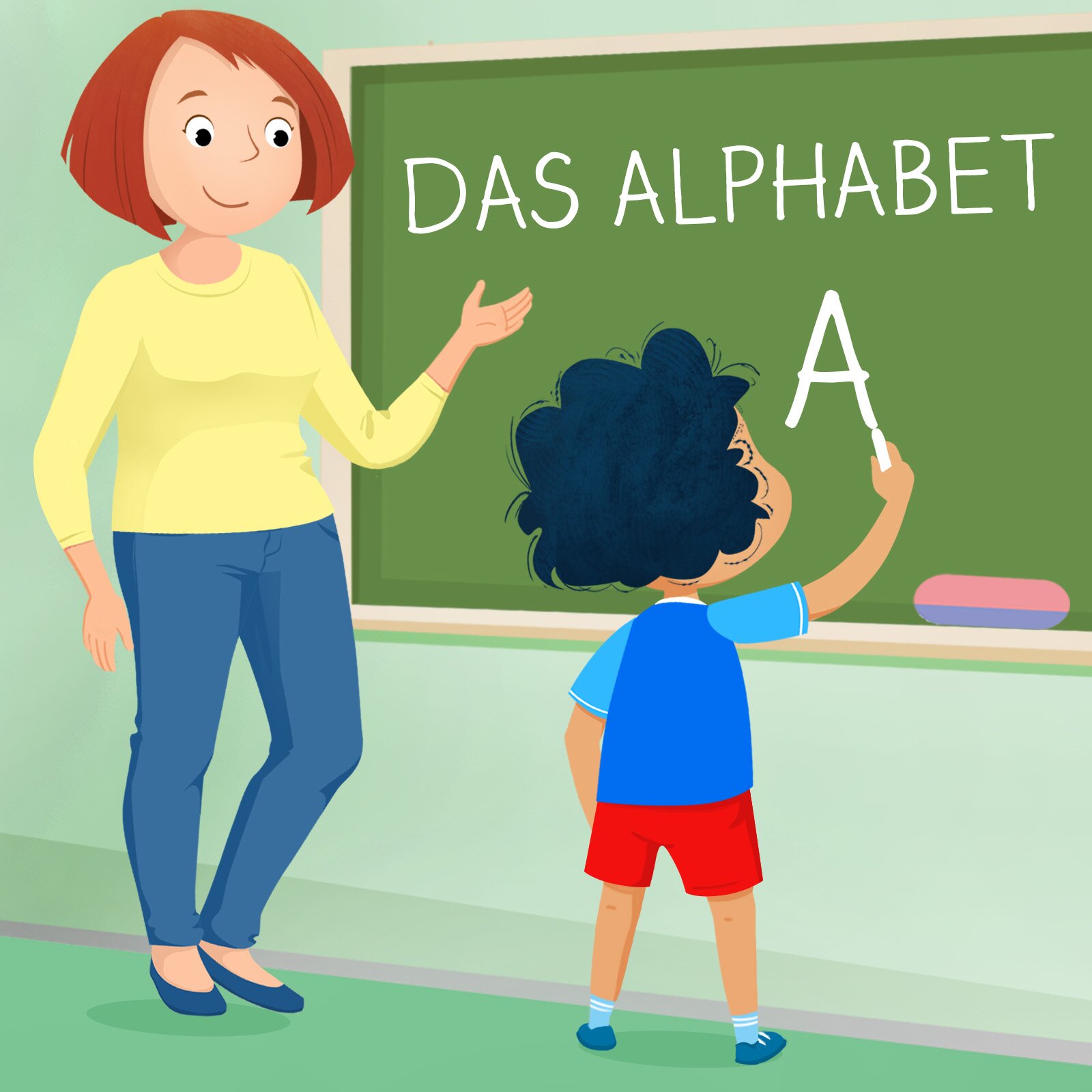Ilustracja przedstawia nauczycielkę i chłopca przy tablicy. Chłopiec piszę literę “A”.