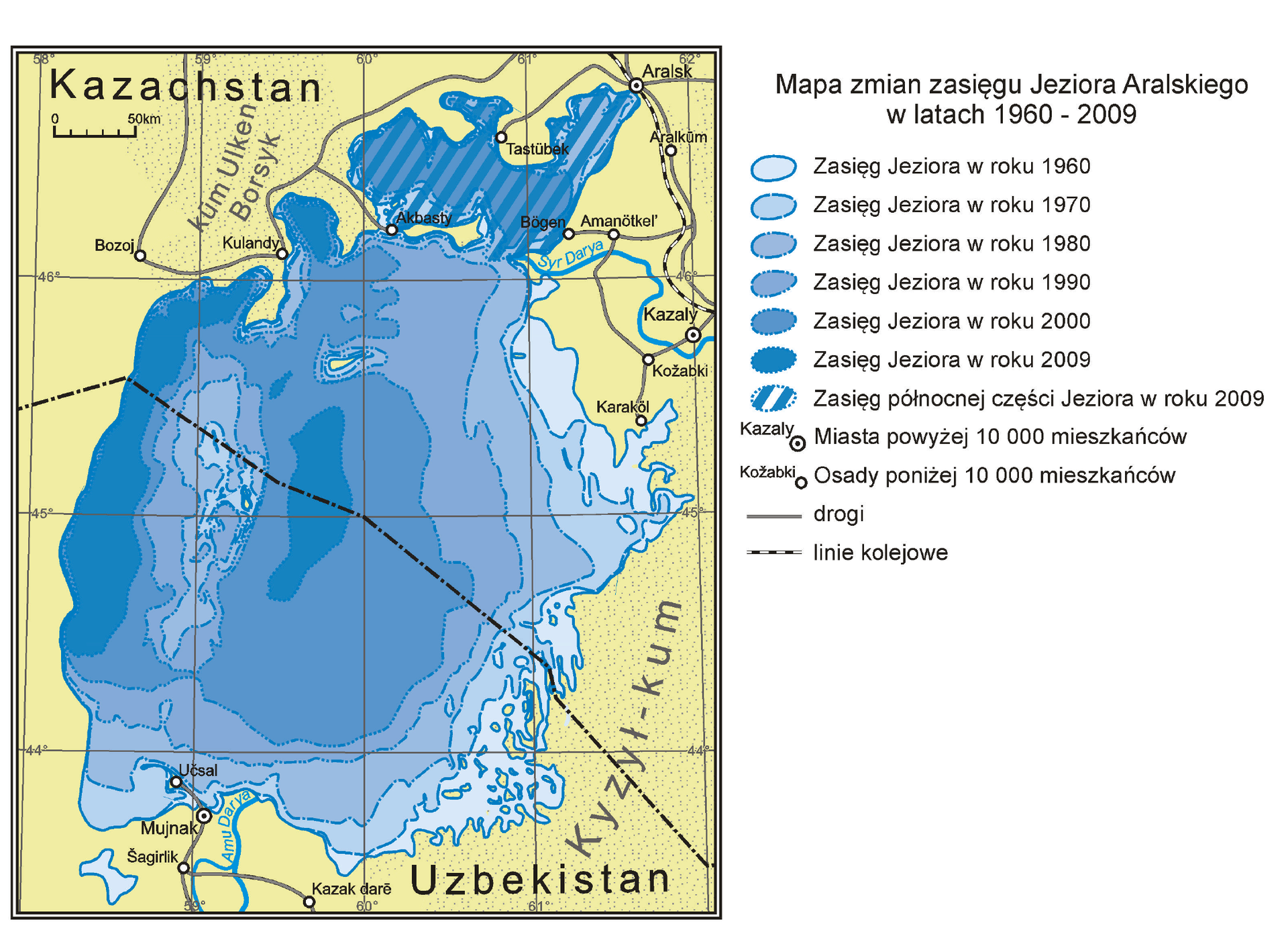 Mapa dotyczy zmian zasięgu Jeziora Aralskiego w latach 1960-2009. Jezioro Aralskie jest położone na obszarze Uzbekistanu i Kazachstanu. Jezioro na południowym wschodzie graniczy z pustynią Kyzył-kum. Przez środek jeziora biegnie linia kolejowa. Na mapie pokazano, jak znacząco zmienił się zasięg jeziora. W latach 60. powierzchnia jeziora była duża, zbliżona kształtem do koła. W kolejnych dziesięcioleciach jezioro wysychało. W roku 2009 jezioro zajmowało wąski pas na zachodzie dawnego obszaru akwenu, w niewielkiej centralnej części oraz w północnej. 