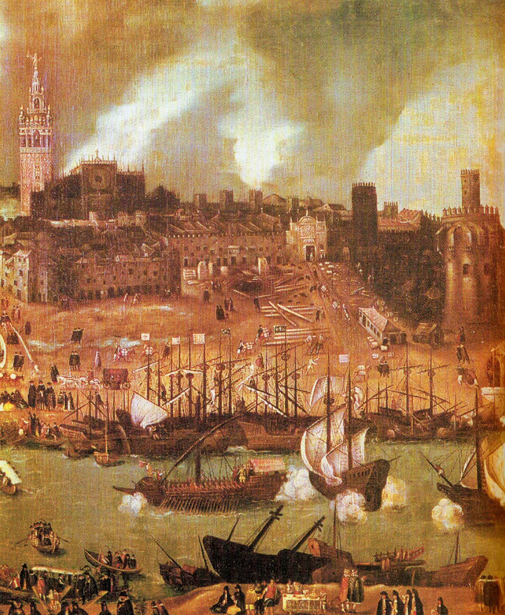 Ilustracja przedstawia widok na panoramę miasta. W dolnej części ilustracji rzeka, po której płyną drewniane statki z białymi żaglami. Przy obu brzegach rzeki znajdują się zacumowane statki ze złożonymi żaglami. Przy brzegu rzeki ukazanym u dołu ilustracji, widoczny fragment piaskowej drogi, po której przechadzają się licznie zgromadzeni mężczyźni. Drugi brzeg rzeki, znajdujący się w górnej części ilustracji, ukazuje piaskowy plac, a dalej panoramę miasta: ściśle przylegające do siebie kamienice, baszty oraz wieżę ratuszową oraz katedrę. Ilustracja utrzymana jest w odcieniach pomarańczy, żółci i brązu.