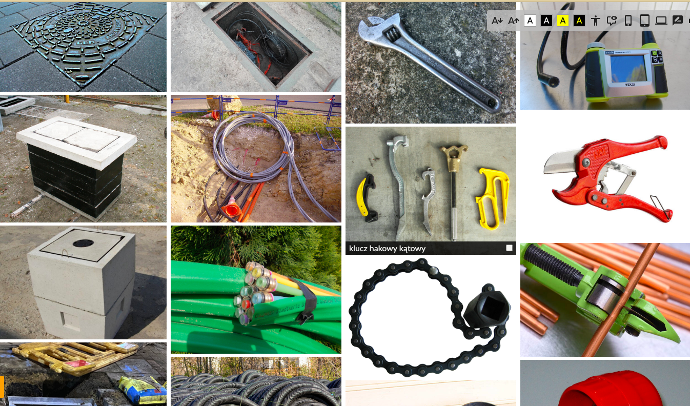 Ilustracja przedstawia widok miniatur zdjęć galerii ułożonych obok siebie w czterech rzędach. Zdjęcia przedstawiają m. in. kable, obcinarkę do kabli, miernik natężenia prądu. Podpis jednego ze zdjęć jest widoczny: klucz hakowy kątowy.