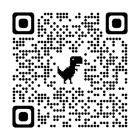 Czarno‑biały kod QR składający się ze wzoru kropek ustawionych w kształt kwadratu. Na środku kodu wstawiono czarnego małego dinozaura.