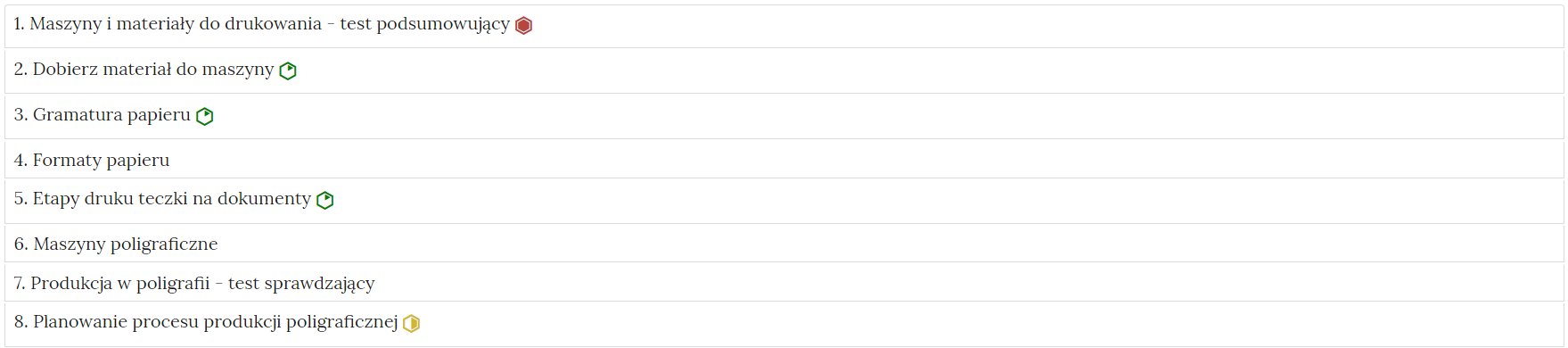 Grafika przedstawia widok interaktywnego materiału sprawdzającego, czyli zbioru poszczególnych zadań w formie listy z nazwami zadań, gdzie po kliknięciu w nazwę zadania pojawi się jego zawartość. Na liście, na prawo od nazwy każdego zadania widnieje ikonka informująca o poziomie trudności danego zadania.