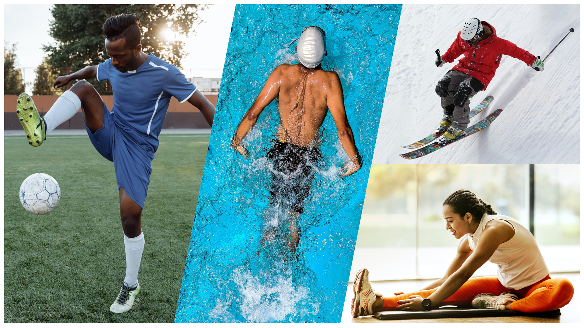 Ilustracja przedstawia kompilację czterech zdjęć: mężczyzny grającego w piłkę nożną, pływaka, osoby zjeżdżającej na nartach oraz kobiety, która rozciąga się na macie.