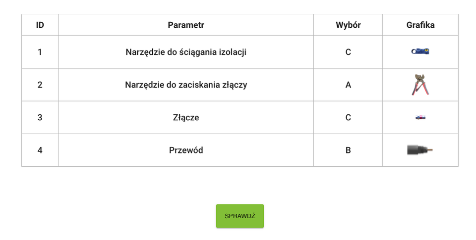 Przykładowy widok zadania z wyborem. Pod treścią widnieje zielony panel Sprawdź.