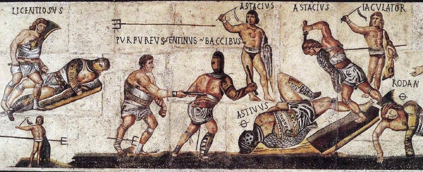 Ilustracja przedstawia rzymską mozaikę ukazująca walczących gladiatorów. Na mozaice nie zachowano perspektywy. Postaci znajdują się w różnych pozycjach, a każda ze scen ukazana osobno. Każdy gladiator ma u góry napisany typ, jaki reprezentuje w walce, np. ligentiosus, rodan, purpureus i inne. Z lewej strony, na górze został przedstawiony mężczyzna ubrany w białą krótką szatę, z podłużnym narzędziem w prawej dłoni. Stoi nad leżącym na pochyłej powierzchni mężczyzną z zasłoniętą twarzą. Pod nimi przedstawiono zawodnika z biczem i trójzębem. W centrum obrazu znajduje się dwóch walczących zawodników: jeden z nich kieruje w stronę drugiego uzbrojoną rękę. Nad nimi jest postać bardzo podobna do tej stojącej w lewym dolnym rogu. Również jest naga i również trzyma w prawej ręce bicz. Dalej w prawo znajduje się scena, w której mężczyzna znajdujący się na na szczycie pochyłej powierzchni bierze zamach na drugiego, leżącego na niej. Leżący ma hełm zasłaniający twarz; jest ubrany we wzorzyste ubranie; ma pas na brzuchu. Wyżej stoi podobna postać z batem. Skrajnie po prawej stronie znajduje się mężczyzna opierający się rękoma o ziemię.