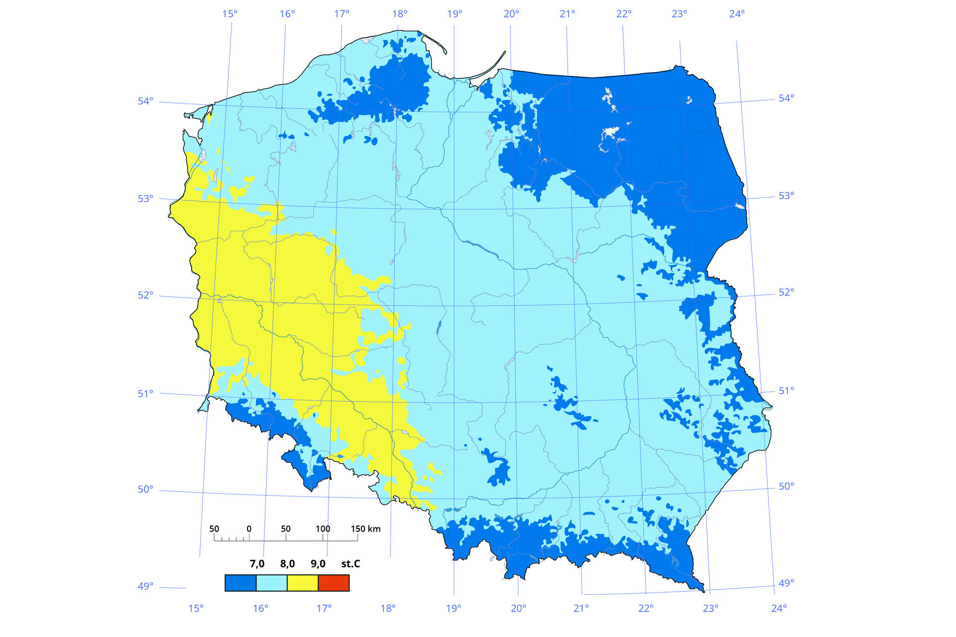 Mapa Polski przedstawiająca średnią temperaturę powietrza w latach 1941‑1990. Wartości oznaczono 4 kolorami. Niebieskim wartości poniżej 7 stopni, jasnoniebieskim od 7 do 8 stopni, żółtym od 8 do 9 stopni i czerwonym powyżej 9 stopni Celsjusza. Na mapie nie wyróżnia się obszar cechujący się temperaturą powyżej 9 stopni, obszary od 8 do 9 stopni występują na zachodzie kraju, sięgają one aż do Bielsko Białej i ich granica przechodzi obok Częstochowy, Kalisza, Poznania, Piły i Szczecina. Jasnoniebieskie obszary o wartości od 7 do 8 stopni pokrywają prawie cały kraj. Obszary poniżej 7 stopni obejmują obszar gór, północno zachodnią Polskę oraz obszar za pasem pobrzeży. Na mapie jest siatka kartograficzna na której oznaczono wartości południków i równoleżników co jeden stopień. W lewym dolnym rogu znajduje się skala liniowa oraz skala barw.