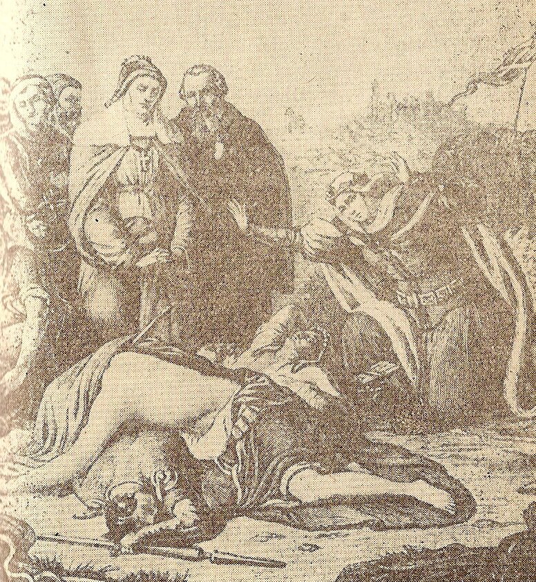 Rysunek przedstawia scenę śmierci. Na pierwszym planie Widoczne jest ciało mężczyzny, który leży na innym poległym. Widoczny jest mieć wbity w jego plecy. Nad nim stoją dwie kobiety oraz grupka innych ludzi, dworzan. Jedna z kobiet klęczy nad całym poległego, ma uniesione obydwie ręce ku górze. Druga kobieta stoi nad ciałem z rękoma złożonymi przed sobą. Na piersi ma zawieszony krzyż. 