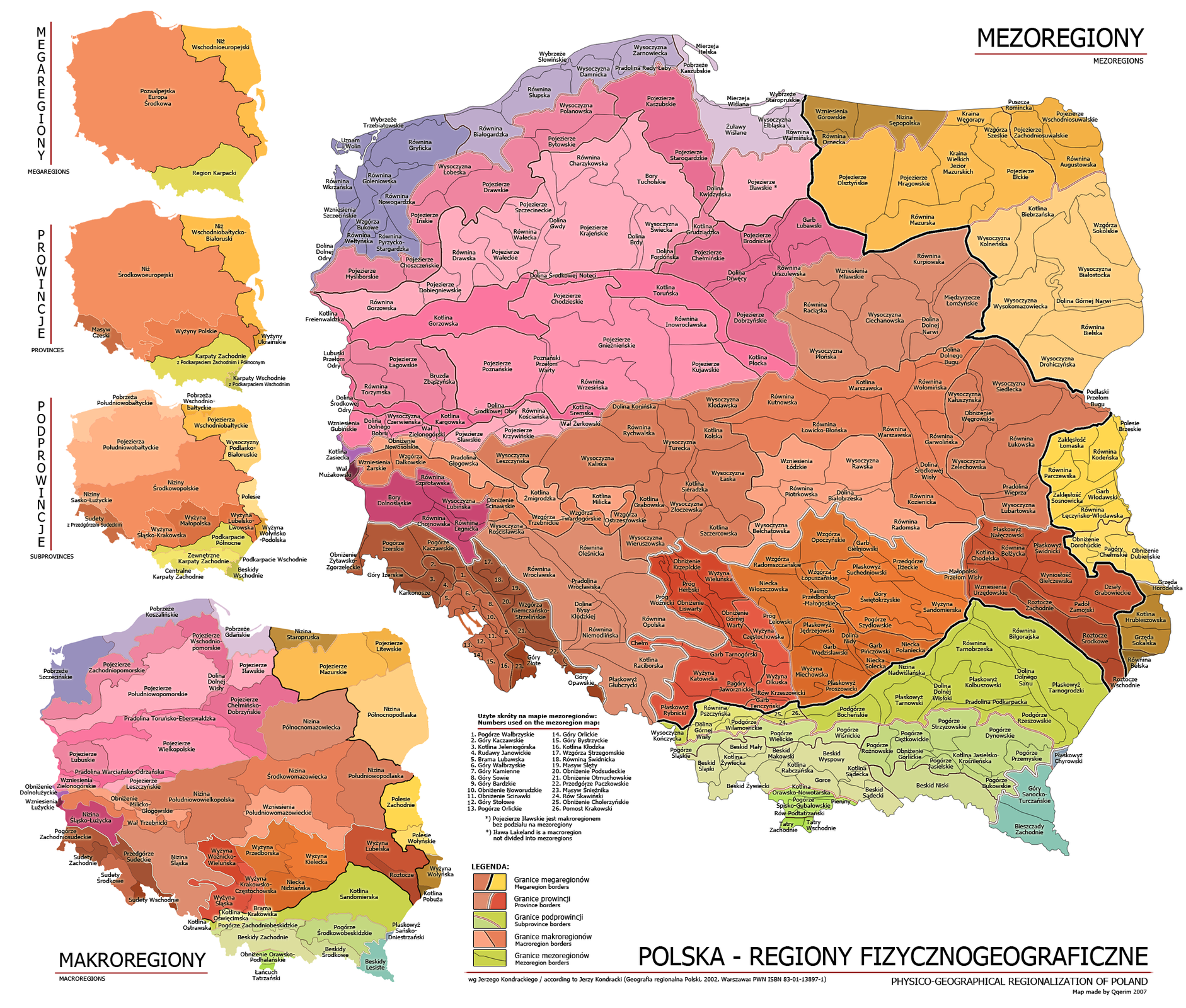 Ilustracja przedstawia mapę Polski. Zaznaczone są na niej różnymi kolorami regiony fizycznogeograficzne. Obok są mniejsze mapy przedstawiające podział na megaregiony, prowincje, podprowincje i makroregiony.  Do megaregionów należą: Niż Wschodnioeuropejski, Pozaalpejska Europa Środkowa, Region Karpacki.  Do prowincji należą: Niż Wschodniobałtycko‑Białoruski, Niż Środkowoeuropejski, Wyżyny Polskie, Masyw Czeski, Karpaty Zachodnie z Podkarpaciem Zachodnim i Północnym, Karpaty Wschodnie z Podkarpaciem Wschodnim.  Do podprowincji należą: Pobrzeża Południowobałtyckie, Pojezierza Południowobałtyckie, Niziny Środkowopolskie, Niziny Sasko‑Łużyckie, Sudety z Przedgórzem Sudeckim, Wyżyna Śląsko‑Krakowska, Wyżyna Małopolska, Wyżyna Lubelsko‑Lwowska, Pobrzeża Wschodniobałtyckie, Pojezierza Wschodniobałtyckie, Wysoczyzny Podlasko‑Białoruskie, Polesie, Wyżyna Wołyńsko‑Podolska, Podkarpacie Północne, Podkarpacie Wschodnie, Zewnętrzne Karpaty Zachodnie, Beskidy Wschodnie, Centralne Karpaty Zachodnie.  Podział na makroregiony przedstawia się następująco: Pobrzeża Południowobałtyckie: Pobrzeże Szczecińskie, Pobrzeże Koszalińskie, Pobrzeże Gdańskie - Pojezierza Południowobałtyckie: Pojezierze Zachodniopomorskie, Pojezierze Wschodniopomorskie, Pojezierze Południowopomorskie, Dolina Dolnej Warty, Pojezierze Iławskie, Pojezierze Chełmińsko‑Dobrzyńskie, Pradolina Toruńsko‑Eberswaldzka, Pojezierze Wielkopolskie, Pradolina Warciańsko – Odrzańska, Obniżenie Dolnołużyckie, Wzniesienie Zielonogórskie, Pojezierze Leszczyńskie. Niziny Środkowopolskie: Nizina Południowopodlaska, Nizina Środkowomazowiecka, Nizina Południowowielkopolska, Obniżenie Milicko‑Głogowskie, Wał Trzebnicki, Nizina Śląska.  - Niziny Sasko- Łużyckie – Obniżenie Dolnołużyckie, Wzniesienie Łużyckie, Nizina Śląsko‑Łużycka. Sudety z Przedgórzami Sudeckimi – Pogórze Zachodniosudeckie, Przedgórze Sudeckie, Sudety Zachodnie, Sudety Środkowe, Sudety Zachodnie, Wyżyna Śląsko‑Krakowska : Wyżyna Woźnicko‑Wieluńska, Wyżyna Krakowsko‑Częstochowska, Wyżyna Śląska - Wyżyna Małopolska – Wyżyna Przedborska, Niecka Nidziańska, Wyżyna Kielecka - Wyżyna Lubelsko‑Lwowska – Wyżyna Lubelska, Roztocze - Polesie – Polesie Zachodnie, Polesie Wołyńskie  - Wyżyna Wołyńsko – Podolska – Wyżyna Wołyńska , Kotlina Pobuża - Podkarpacie Północne - Kotlina Sandomierska, Kotlina Oświęcimska, Kotlina Ostrawska, Brama Krakowska - Zewnętrzne Karpaty Zachodnie – Pogórze Zachodnobeskidzkie, Beskidy Zachodnie, Pogórze Środkowobeskidzkie, Beskidy Środkowe  - Centralne Karpaty Zachodnie – Obniżenie Orawsko – Podhalańskie, Łańcuch Tatrzański - Podkarpacie Wschodnie – Płaskowyż Sańsko‑Dniestrzański - Beskidy Wschodnie – Beskidy Lesiste W podział na mezoregiony - Pobrzeże Szczecińskie: Uznam i Wolin, Wybrzeże Trzebiatowskie, Równina Gryficka, Równina Goleniowska, Równina Wkrzańska, Równina Nowogardzka, Wzniesienie Szczecińskie, Wzgórza Bukowe, Równina Pyrzycko‑Stargardzka, Równina Wełtyńska, Dolina Dolnej Odry.  Pobrzeże Koszalińskie: Równina Białogardzka, Równina Słupska, Wybrzeże Słowińskie, Wysoczyzna Damnicka, Wysoczyzna Żarnowiecka, Pradolina Redy – Łeby - Pobrzeże Gdańskie: Mierzeja Helska, Pobrzeże Kaszubskie, Mierzeja Wiślana, Żuławy Wiślane, Wybrzeże Staropruskie, Wysoczyzna Elbląska, Równina Warmińska - Pojezierze Zachodniopomorskie: Wysoczyzna Polanowska, Pojezierze Bytowskie, Pojezierze Drawskie, Wysoczyzna Łobeska, Pojezierze Ińskie, Pojezierze Choszczeńskie, Pojezierze Myśliborskie - Pojezierze Wschodniopomorskie: Pojezierze Kaszubskie, Pojezierze Starogardzkie,  - Pojezierze Południowopomorskie: Bory Tucholskie, Wysoczyzna Świecka, Dolina Brdy, Pojezierze Krajeńskie, Równina Charzykowska, Pojezierze Szczecineckie, Dolina Gwdy, Równina Wałecka, Pojezierze Wałeckie, Równina Drawska, Pojezierze Dobiegniewskie, Równina Gorzowska,  - Dolina Dolnej Wisły: Dolina Kwidzyńska, Dolina Grudziądzka, Dolina Fordońska  - Pojezierze Iławskie – Pojezierze Iławskie  - Pojezierze Chełmińsko – Dobrzyńskie: Pojezierze Chełmińskie, Pojezierze Brodnickie, Dolina Drwęcy, Garb Lubawski, Równina Urszulewska, Pojezierze Dobrzyńskie,   - Pradolina Toruńsko – Eberswaldzka: Kotlina Freienwaldzka, Kotlina Gorzowska, Dolina Środkowej Noteci, Kotlina Toruńska, Kotlina Płocka - Pojezierze Lubuskie: Lubuski Przełom Odry, Pojezierze Łagowskie, Bruzda Zbąszyńska, Równina Torzymska - Pojezierze Leszczyńskie: Pojezierze Sławskie, Pojezierze Krzywińskie, Równina Kościańska, Wał Żerkowski - Pojezierze Wielkopolskie:  Pojezierze Poznańskie, Poznański Przełom Warty, Pojezierze Chodzieskie, Pojezierze Gnieźnieńskie, Równina Inowrocławska, Pojezierze Kujawskie, Równina Wrzesińska,  - Pradolina Warciańsko – Odrzańska: Dolina Środkowej Odry, Kotlina Kargowska, Dolina Środkowej Obry, Kotlina Śremska - Wzniesienie Zielonogórskie - Wzniesienia Gubińskie, Dolina Dolnego Bobru, Wysoczyzna Czerwieńska, Wał Zielonogórski - Nizina Północnomazowiecka: Równina Kurpiowska, Międzyrzecze Łomżyńskie, Dolina Dolnej Narwi, Wysoczyzna Ciechanowska, Wzniesienie Mławskie, Równina Raciąska, Wysoczyzna Płońska - Nizina Południowopodlaska: Wysoczyzna Siedlecka, Wysoczyzna Kałuszyńska, Obniżenie Węgrowskie, Równina Lukowska, Wysoczyzna Żelechowska, Pradolina Wieprza, Wysoczyzna Lubartowska - Nizina Środkowomazowiecka: Równina Kutnowska, Kotlina Warszawska, Równina Wołomińska, Dolina Dolnego Bugu, Równina Garwolińska, Równina Warszawska, Dolina Środkowej Wisły, Równina Kozienicka, Równina Łowicko‑Błońska,  - Nizina Południowowielkopolska: Wysoczyzna Kłodawska, Kotlina Kolska, Wysoczyzna Laska, Kotlina Szczercowska, Wysoczyzna Złoczewska, Kotlina Sieradzka, Wysoczyzna Turecka, Równina Rychwalska, Wysoczyzna Kaliska, Kotlina Grabowska, Wysoczyzna Wieruszowska - Obniżenie Milicko‑Głogowskie: Obniżenie Nowołoskie, Pradolina Glogowska, Kotlina Żmigrodzka, Kotlina Milicka  - Wał Trzebnicki: Wzniesienia Żarskie, Wzgórza Dalkowskie, Obniżenie Ścinawskie, Wzgórza Trzebnickie, Wzgórza Twardogórskie, Wzgórza Ostrzeszowskie - Nizina Śląsko‑Łużycka: Bory Dolnośląskie, Równina Szprotawska, Wysoczyzna Lubińska, Równina Chojnowska, Równina Legnicka - Obniżenie Dolnołużyckie: Kotlina Zasiecka - Wzniesienie Łużyckie: Wał Mużakowski - Pogórze Zachodniosudeckie: Obniżenie Zgrzytawsko‑Gorzeleckie, Pogórze Izerskie, Pogórze Kaczawskie - Przedgórze Sudeckie: Wzgórza Strzegomskie, Równina Świdnicka, Sudety Zachodnie, Sudety Środkowe, Sudety Zachodnie.
