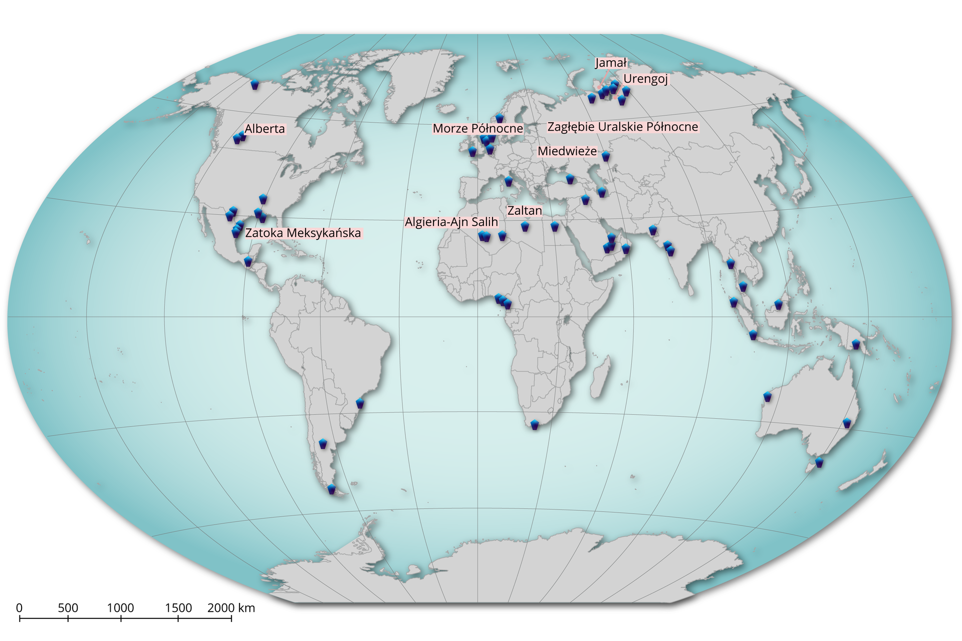 Mapa przedstawia obszary wydobycia gazu ziemnego na świecie. Są to: Alberta, Zatoka Meksykańska, Jamał, Urengoj, Morze Północne, Zagłębie Uralskie Północne, Miedwieże, Zaltan, Algieria‑Ajn Salih.