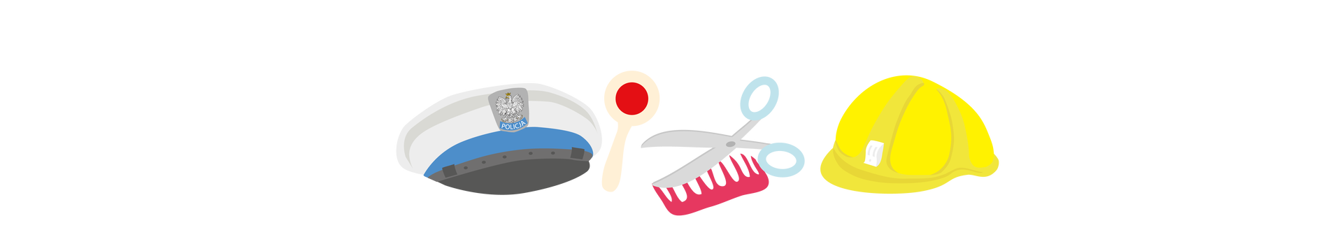 Ilustracja przedstawia przedmioty związane z różnymi zawodami. Od prawej znajdują się: biało‑niebieska czapka policjanta z godłem i napisem „POLICJA”, biało‑czerwony lizak policyjny, szaro‑błękitne nożyczki, różowy grzebień i żółty kask budowlany.