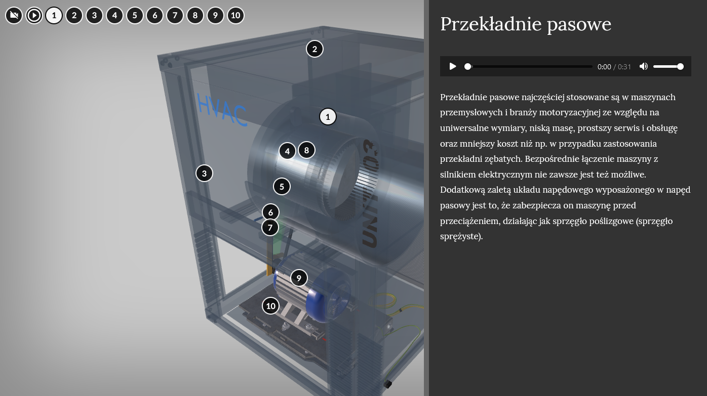Przykładowy widok wizualizacji po rozwinięciu szczegółowych informacji. Widoczny jest model urządzenia. Na modelu znajdują się okrągłe, ponumerowane znaczniki. Po prawej stronie rozwinięty jest panel z informacjami oraz paskiem odtwarzania z treścią tożsamą z tekstem.