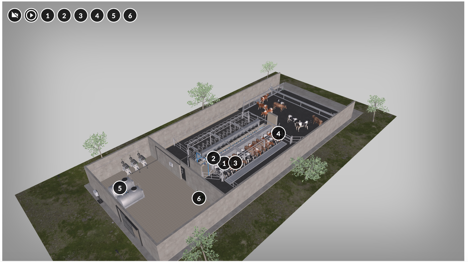 Przykładowy widok wizualizacji modelu w grafice 3D. Na szarym tle widoczny jest pokazany z góry przekrój budynku hali udojowej. W części budynku po prawej widoczne są stanowiska dla zwierząt oraz małe sylwetki kilkunastu krów. Budynek znajduje się na ciemnozielonym trawniku, wokół rośnie sześć drzew. Na budynku oraz w lewym górnym rogu widoczne są czarne kółka z białymi obwódkami i białymi cyframi – od numeru jeden do sześć. Oprócz tego na górnym pasku znajdują się też ikonki wyłączania i włączania modelu.