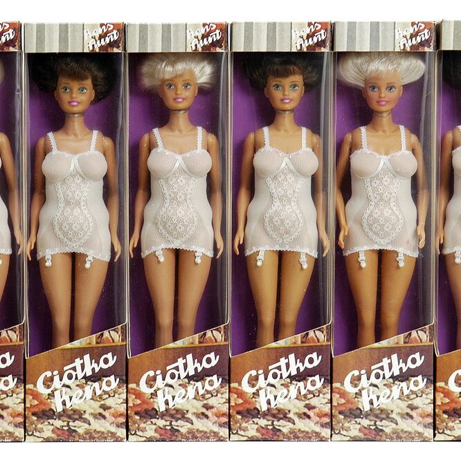 Zdjęcie przedstawia lalki typu barbie w pudełkach. Lalki są opatrzone napisem "Ciotka Kena", reprezentują kobiety w średnim wieku, z włosami upiętymi w górze, w bieliźnie zakrywającej nieco wystający brzuch. Lalki mają wyraźnie zaznaczone biusty.