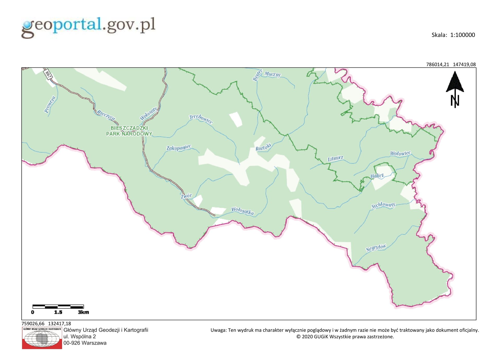 Mapa pochodząca z geoportalu. Przedstawia obszar Bieszczad. Jest to mapa hipsometryczna, na której dominuje kolor zielony, zaznaczone są rzeki i drogi oraz granice form ochrony przyrody.