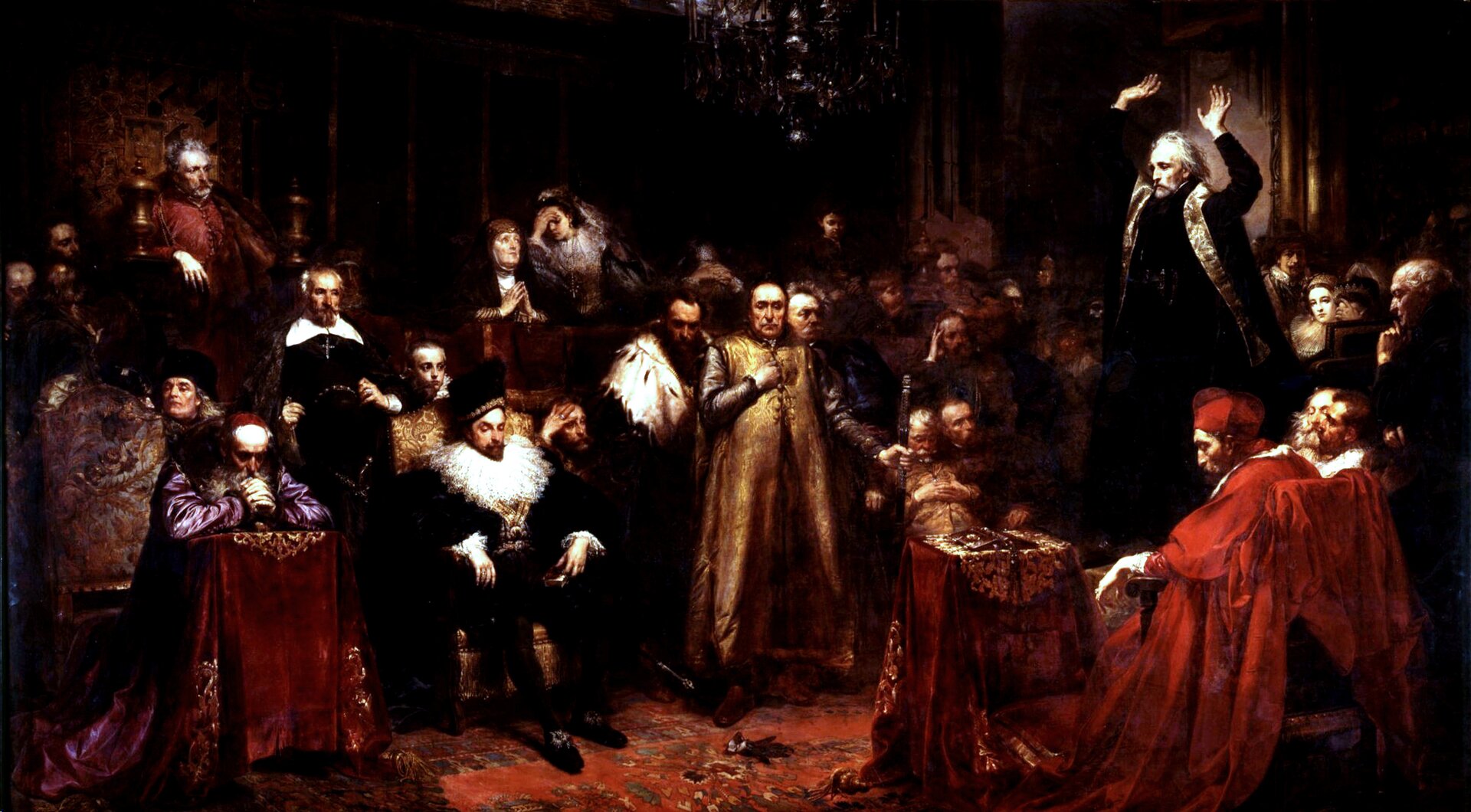 Ilustracja przedstawia obraz „Kazanie Skargi" autorstwa Jana Matejko. Obraz ukazuje grupę elegancko odzianych mężczyzn podczas kazania.