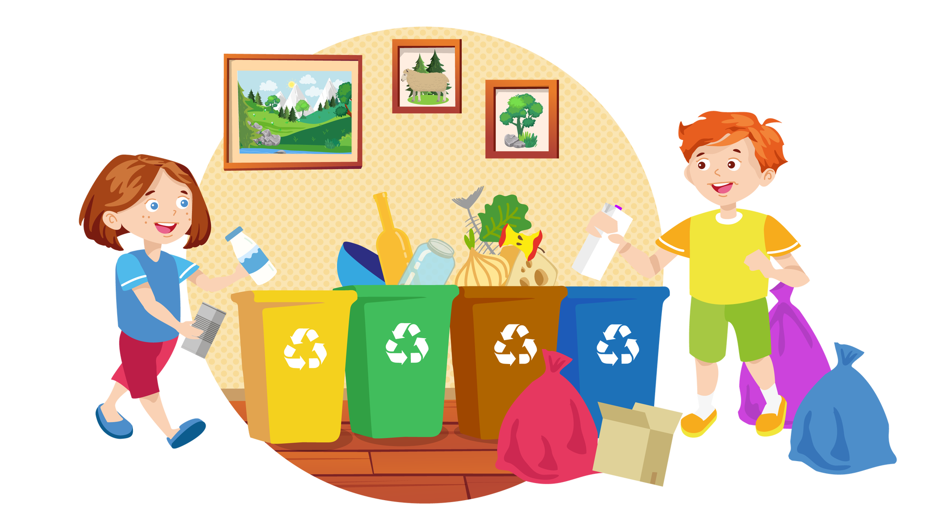 Ilustracja przedstawia pomieszczenie w domu Franka i Mai. W tle widać bladożółtą ścianę w kropki, na której wiszą trzy obrazki w brązowych ramkach. Pierwszy od lewej jest duży i przedstawia krajobraz górski. Drugi obrazek przedstawia owcę stojącą na zielonej polanie. Trzeci obrazek przedstawia duże drzewo liściaste. Na środku ilustracji, na drewnianej podłodze, stoją obok siebie cztery pojemniki na odpady. Pierwszy od lewej jest żółty. Znajdują się w nim plastikowe odpady. Drugi, zielony kosz wypełniony jest szkłem. Trzeci pojemnik jest brązowy i zawiera odpady biodegradowalne, czyli resztkami jedzenia i roślin. Czwarty kosz jest w kolorze niebieskim. Wypełniony jest papierowymi odpadami. Na każdym pojemniku widnieją trzy białe strzałki tworzące razem trójkątny kształt symbolizujący recykling, czyli segregację i ponowne przetwarzanie odpadów. Po lewej stronie, obok żółtego pojemnika, stoi Maja. W lewej ręce trzyma pustą butelkę po wodzie, a w prawej - pustą metalową puszkę. Po prawej stronie, obok niebieskiego pojemnika, stoi Franek. Wrzuca do niego puste, kartonowe opakowanie, które trzyma w prawej ręce. Za Frankiem stoją dwa pełne worki śmieci. Jeden jest fioletowy, a drugi ciemnoniebieski. Przed chłopcem, obok brązowego i niebieskiego pojemnika, stoi czerwony worek ze śmieciami oraz pusty karton.