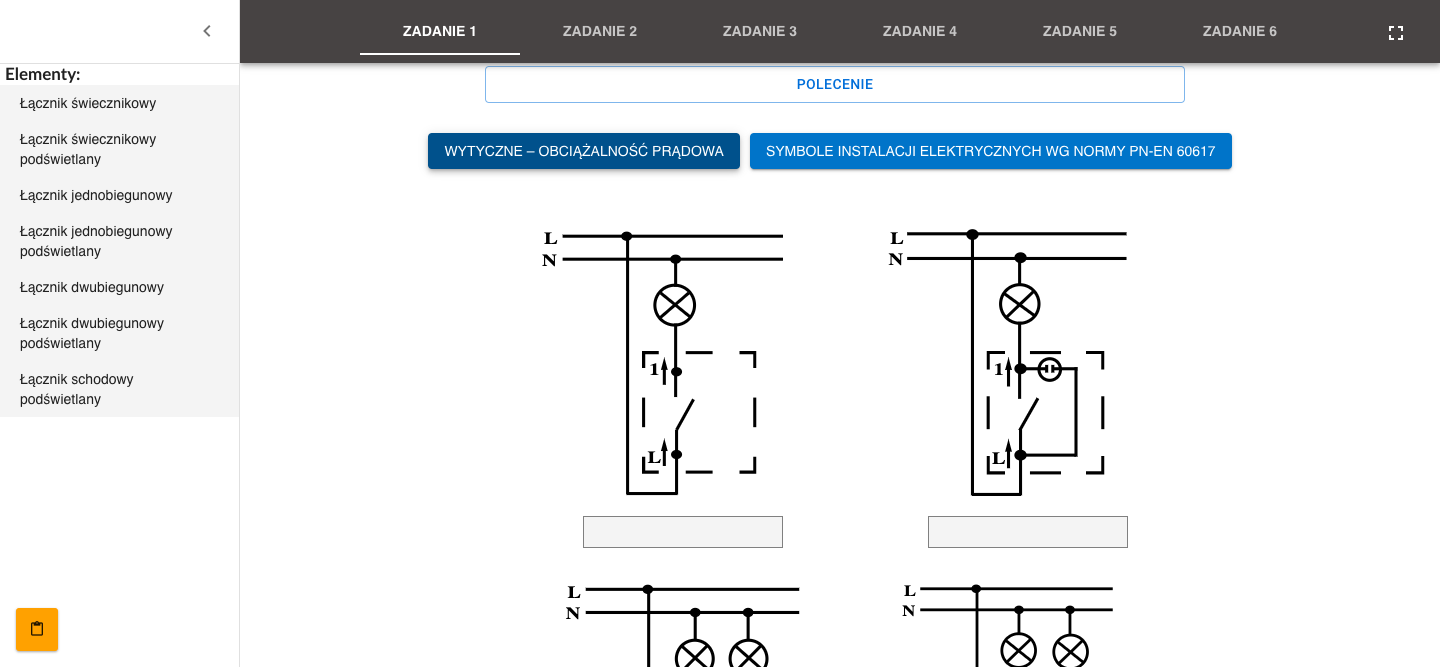 Plansza przedstawia przykładowy widok programu ćwiczeniowego przez dobieranie. U góry znajduje się ciemnoszary panel wyboru zdań od jeden do sześć. Poniżej widnieje biała ikona z napisem POLECENIE. Niżej ukazane są dwa przyciski: ciemnoniebieski z napisem: WYTYCZNE – OBCIĄŻALNOŚĆ PRĄDOWA oraz niebieski z napisem: SYMBOLE INSTALACJI ELEKTRYCZNYCH e gie NORMY pn myślnik e en sześć zero sześć jeden siedem. Poniżej widzimy miniatury schematów łączników, a pod nimi puste pola. Z lewej strony widnieje panel z wymienionymi łącznikami.
